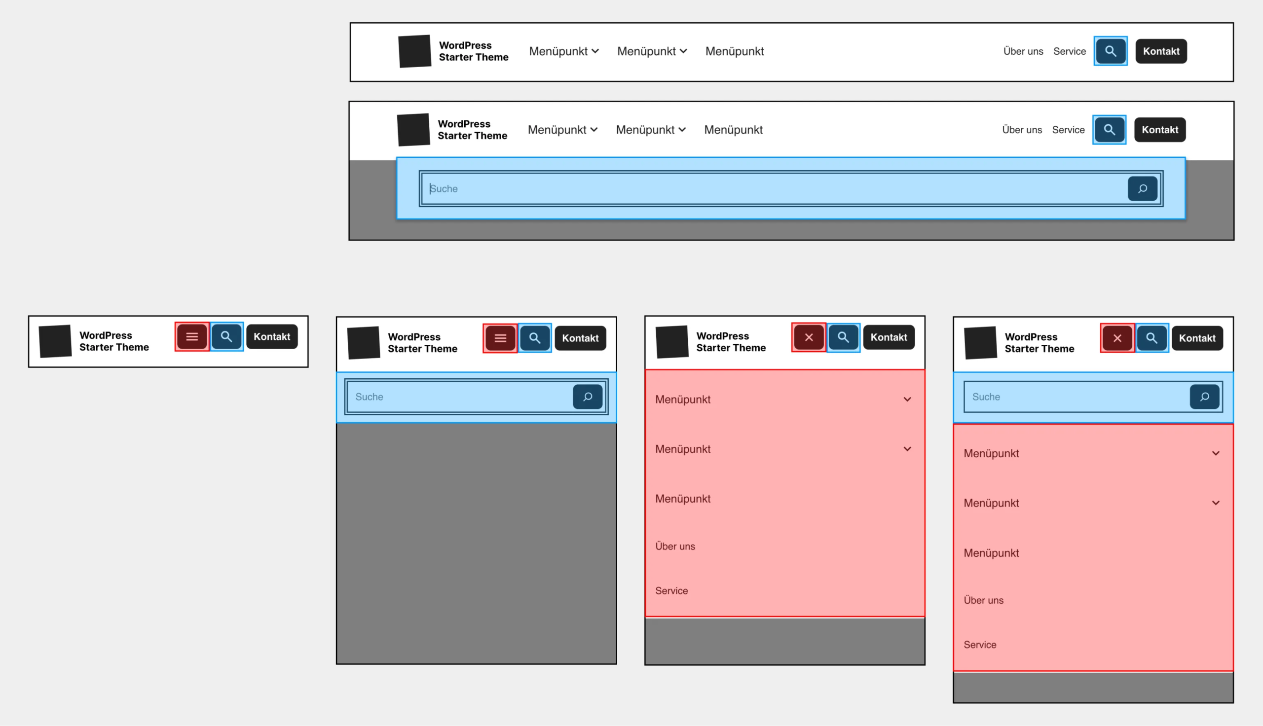 Struktur eines Header-Pattern mit Buttons und dazugehörigen Containern. Rot = container-search-navigation; Blau = container-search